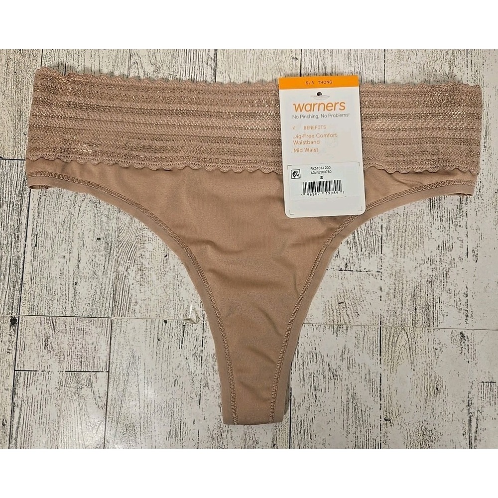 Warners Thong SMALL 5 Dig Free Waistband Mid Waist Beige